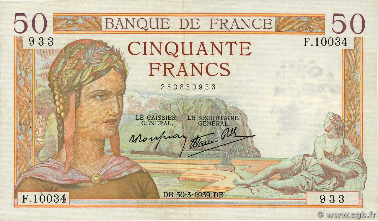 50 Francs CÉRÈS modifié FRANCE  1939 F.18.24 TTB