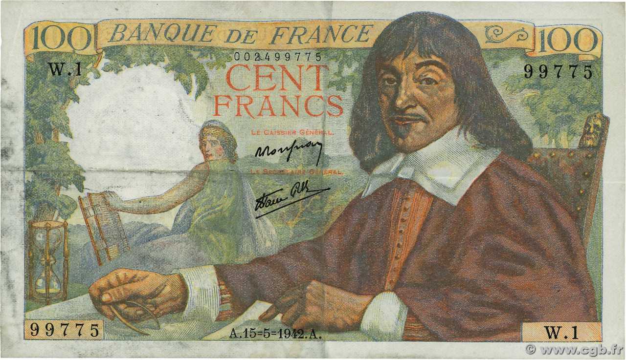 100 Francs DESCARTES FRANCE  1942 F.27.01 TTB