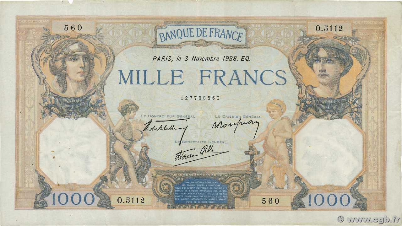 1000 Francs CÉRÈS ET MERCURE type modifié FRANCE  1938 F.38.32 TTB