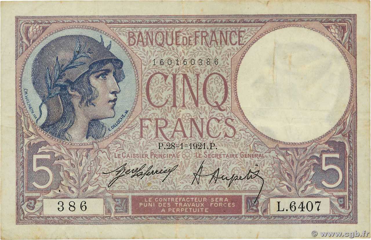 5 Francs FEMME CASQUÉE FRANCE  1921 F.03.05 TB