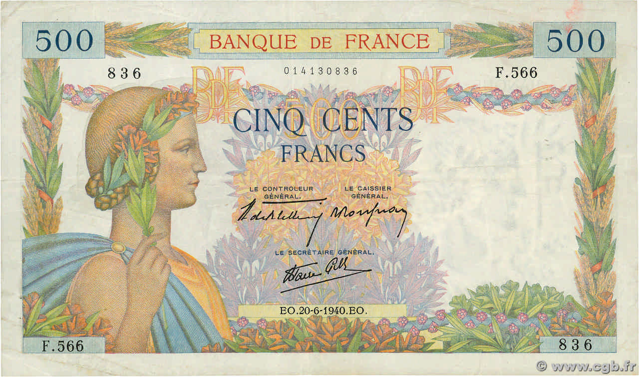 500 Francs LA PAIX FRANCE  1940 F.32.03 TTB