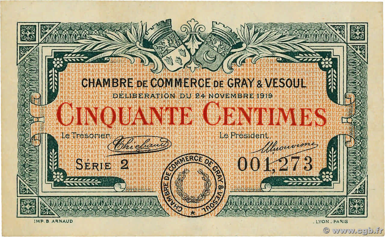50 Centimes FRANCE régionalisme et divers Gray et Vesoul 1919 JP.062.11 SUP+
