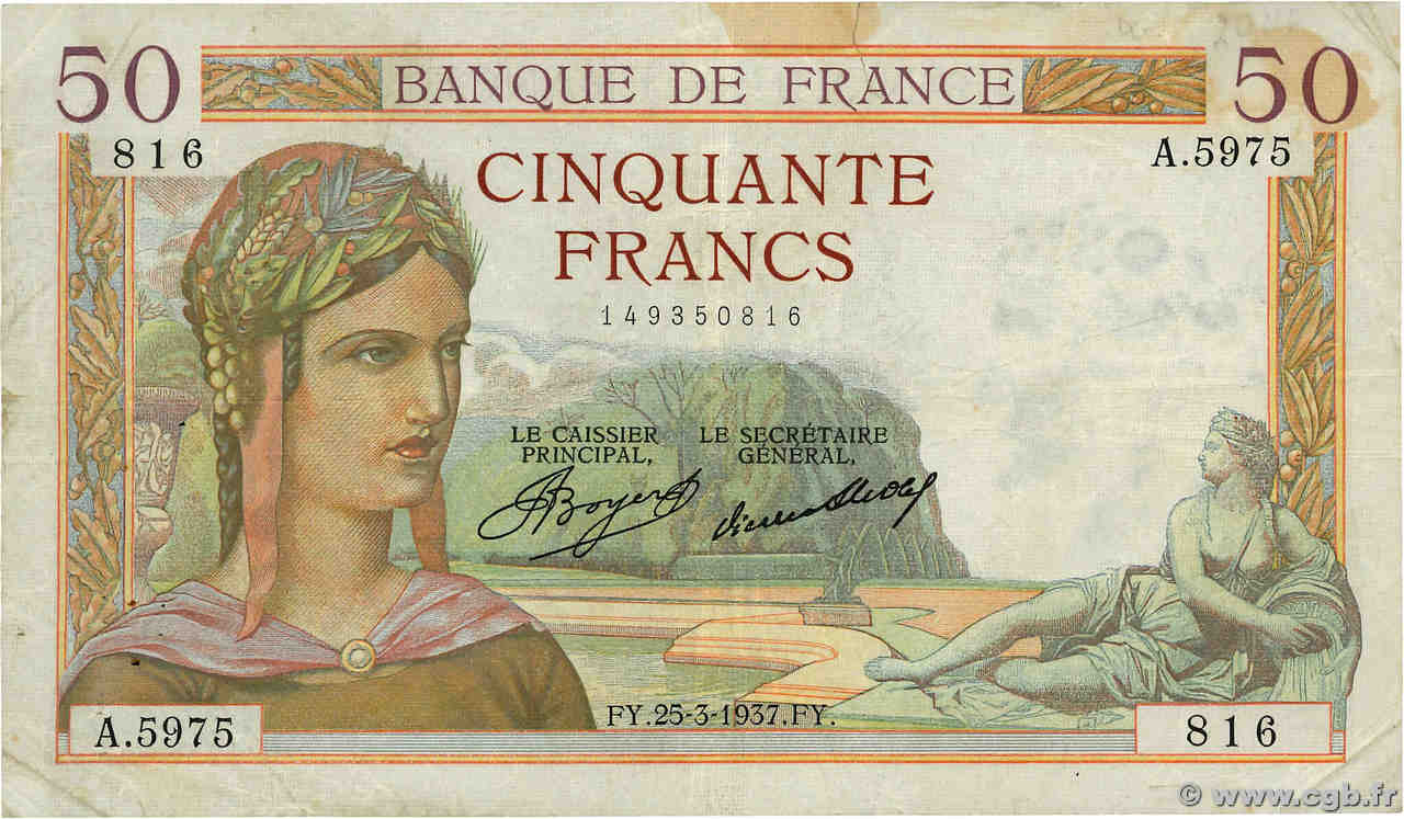 50 Francs CÉRÈS FRANCE  1937 F.17.36 B+