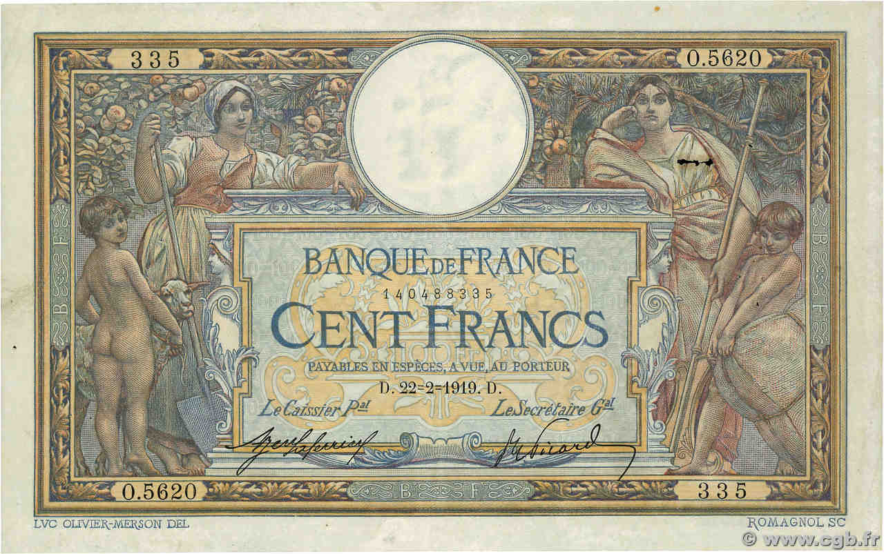100 Francs LUC OLIVIER MERSON sans LOM FRANCE  1919 F.23.11 TB+