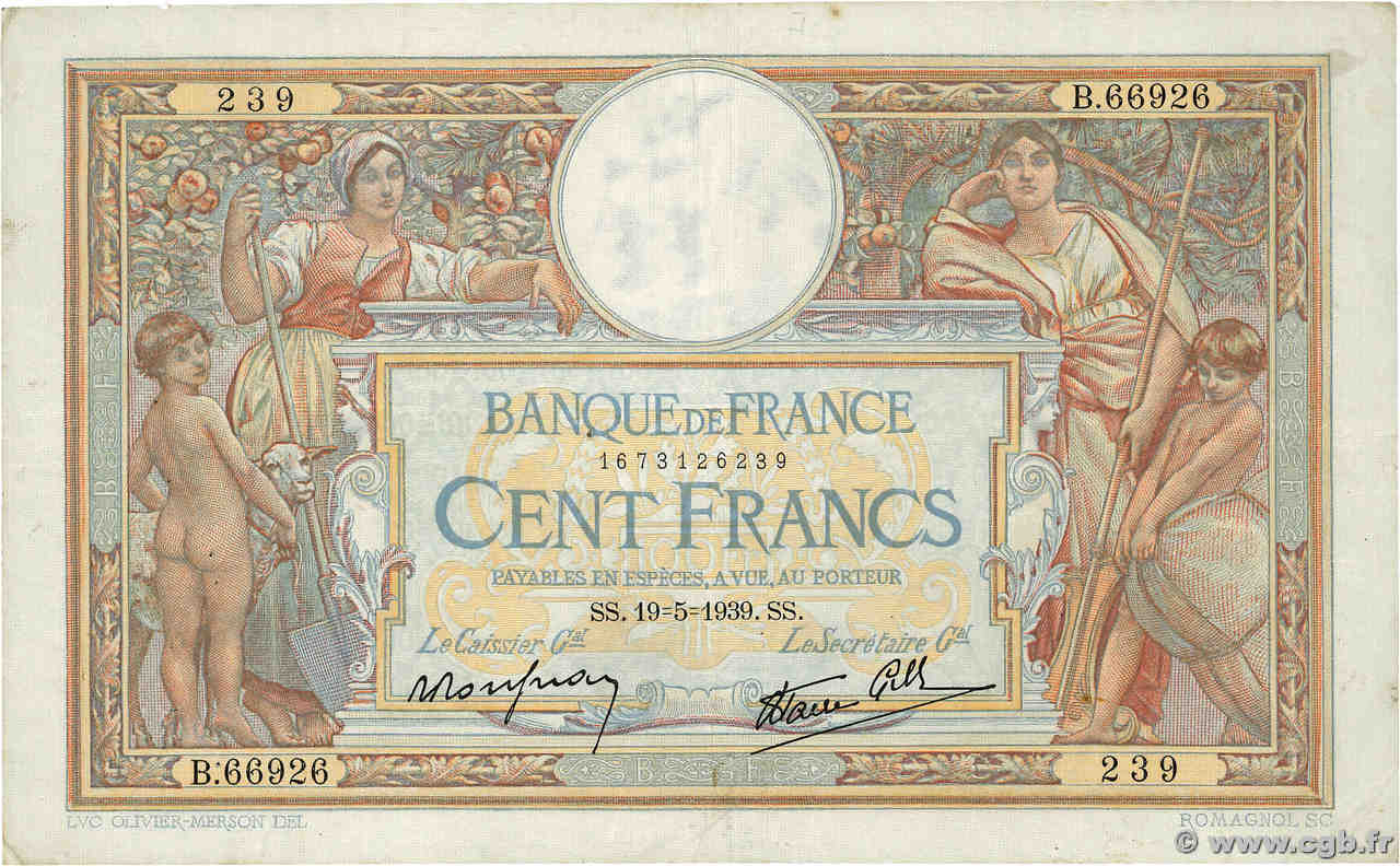 100 Francs LUC OLIVIER MERSON type modifié FRANCE  1939 F.25.47 pr.TTB