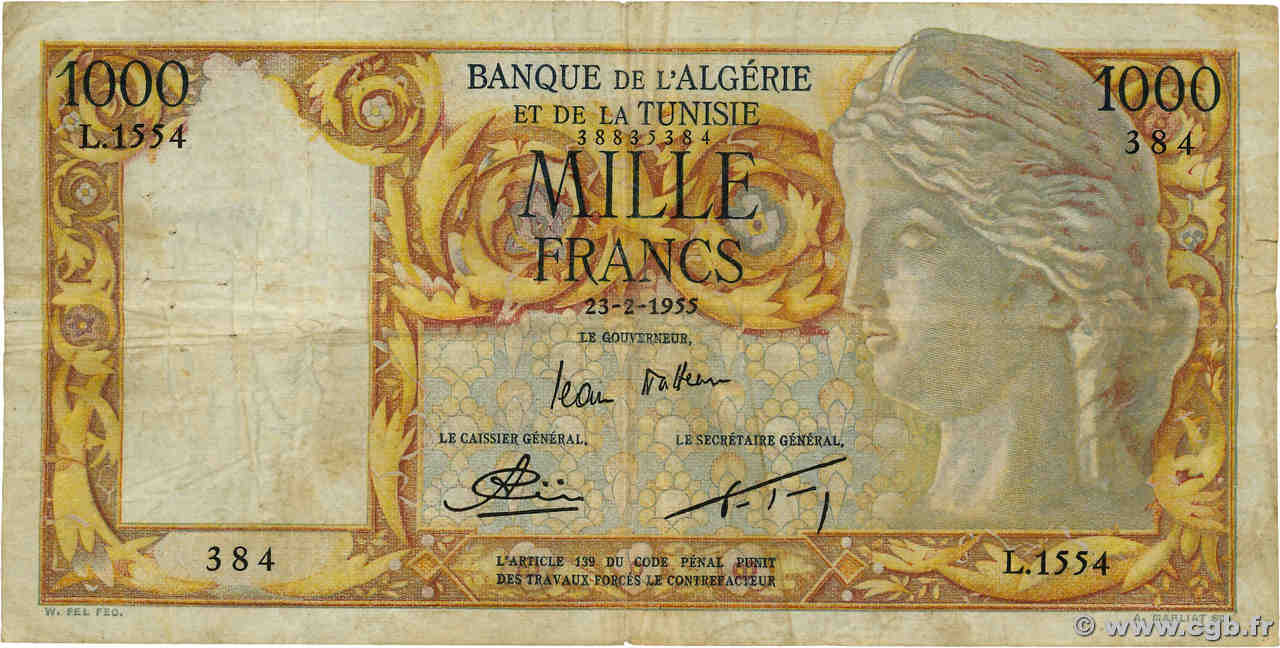 1000 Francs ALGÉRIE  1955 P.107a TB