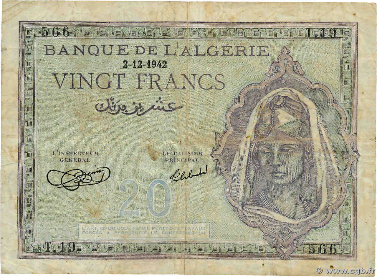 20 Francs ALGERIA  1942 P.092a G