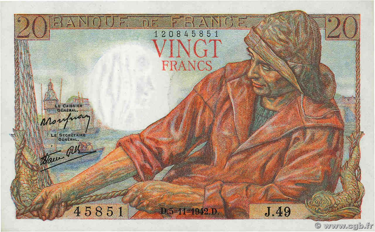 20 Francs PÊCHEUR FRANCE  1942 F.13.04 pr.SPL