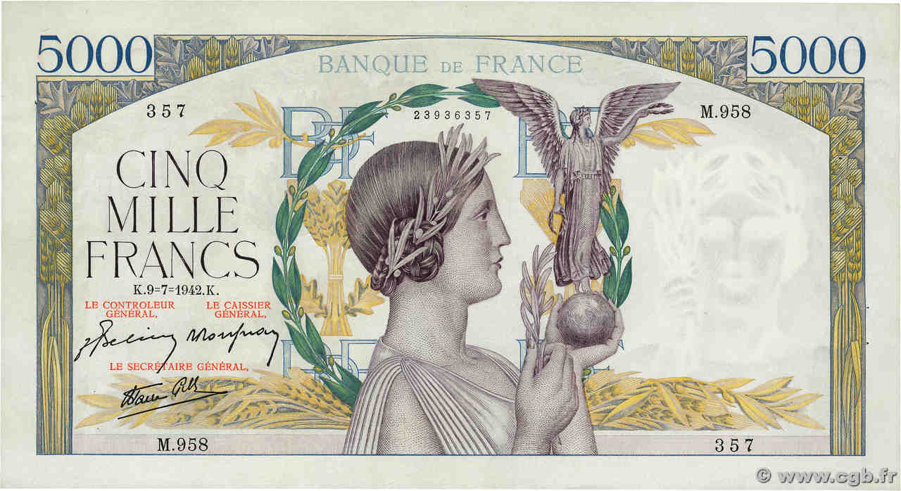 5000 Francs VICTOIRE Impression à plat FRANCE  1942 F.46.38 TTB+