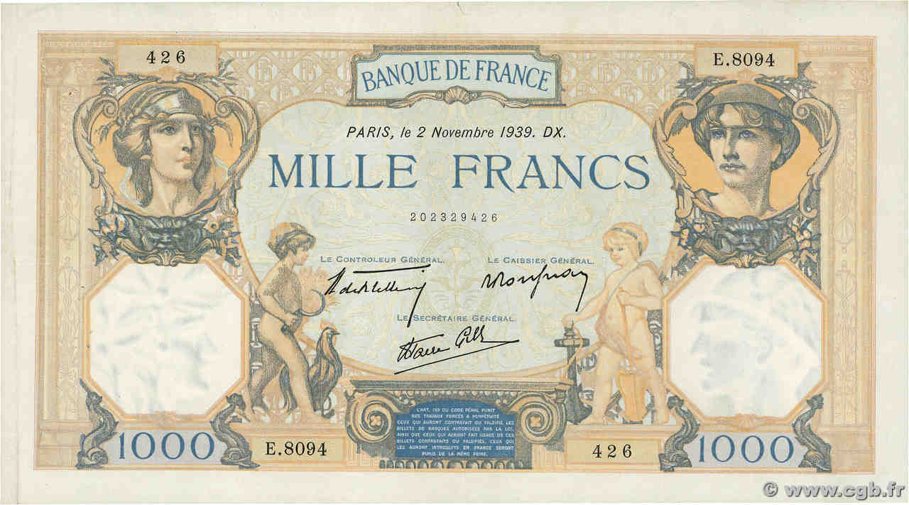 1000 Francs CÉRÈS ET MERCURE type modifié FRANCIA  1939 F.38.38 MBC