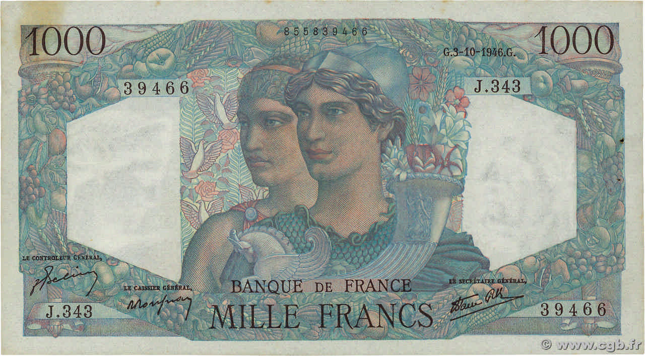 1000 Francs MINERVE ET HERCULE FRANCE  1946 F.41.17 pr.SUP