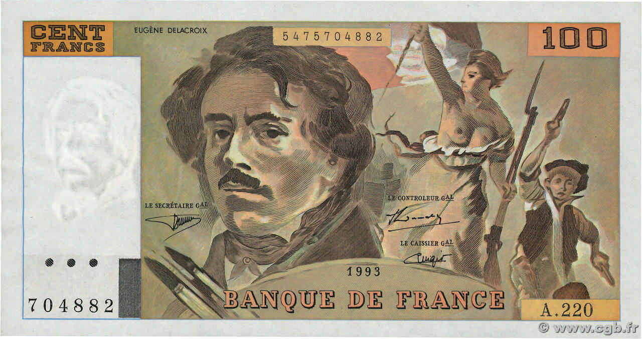 100 Francs DELACROIX imprimé en continu FRANCE  1993 F.69bis.07 XF