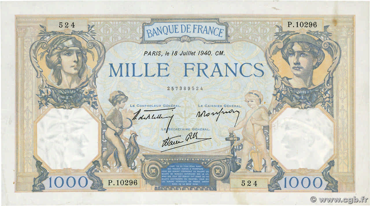 1000 Francs CÉRÈS ET MERCURE type modifié FRANCE  1940 F.38.50 TTB