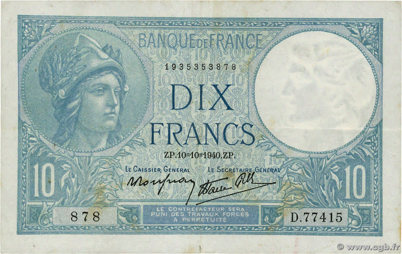 10 Francs MINERVE modifié FRANCE  1940 F.07.16 pr.TTB