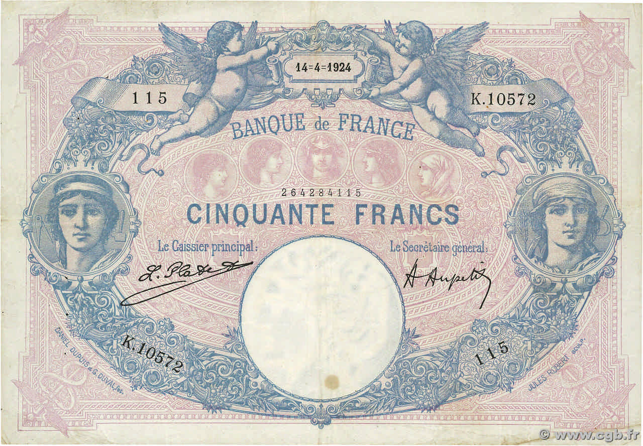50 Francs BLEU ET ROSE FRANCE  1924 F.14.37 TB+