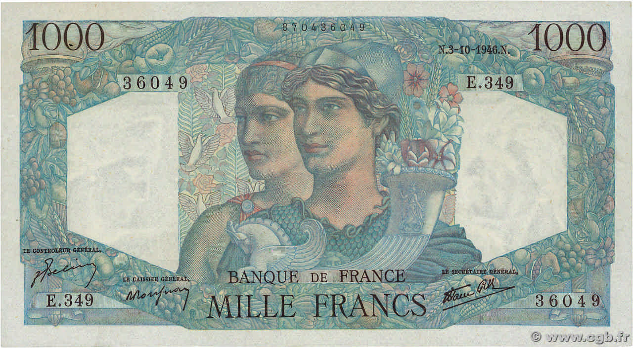 1000 Francs MINERVE ET HERCULE FRANCE  1946 F.41.17 TTB