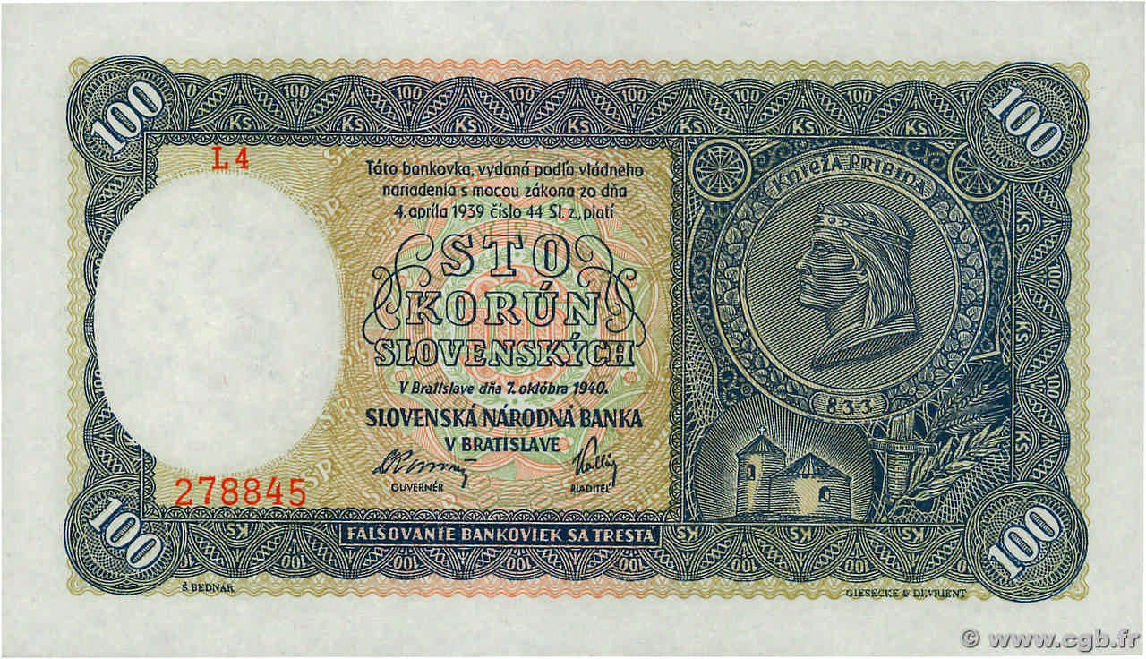 100 Korun SLOWAKEI  1940 P.10a ST