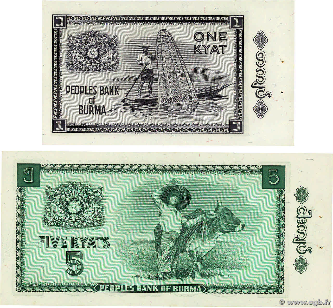 1 et 5 Kyat Lot BIRMANIE  1965 P.52 et P.53 SPL