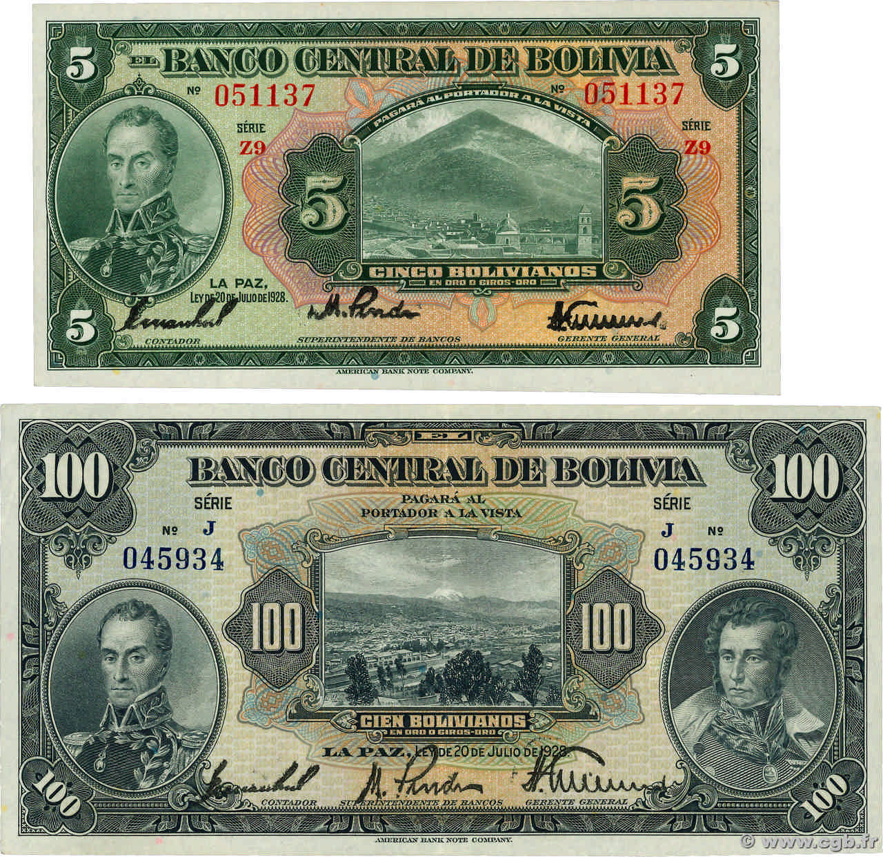 5 et 100 Bolivianos Lot BOLIVIE  1928 P.120a et P.125a SPL