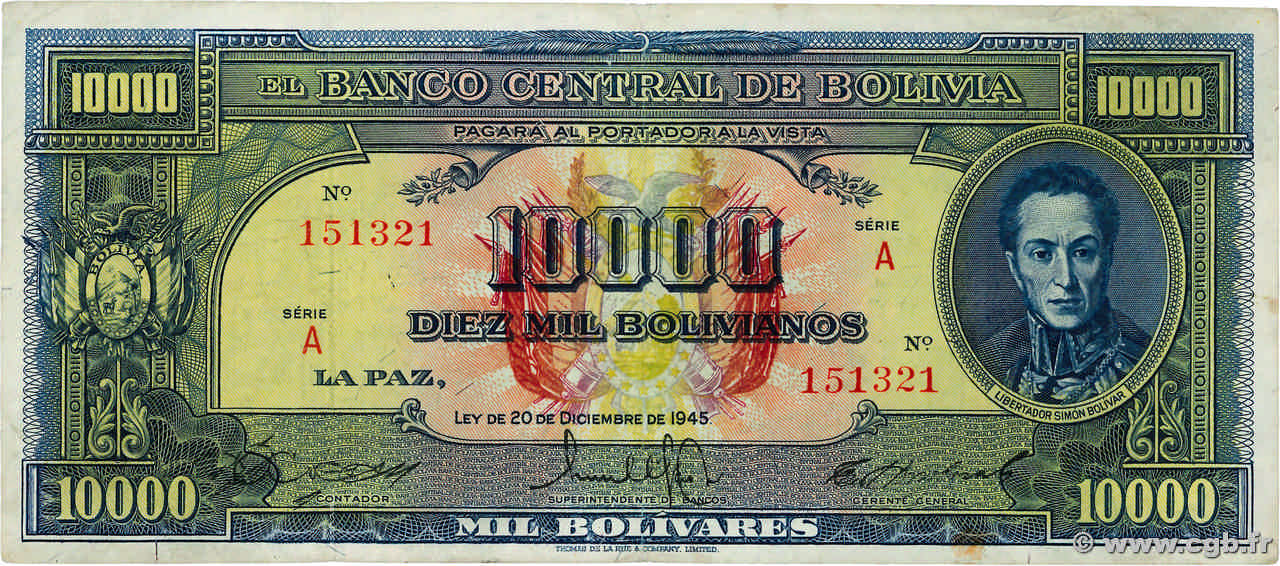10000 Bolivianos BOLIVIEN  1945 P.146 SS