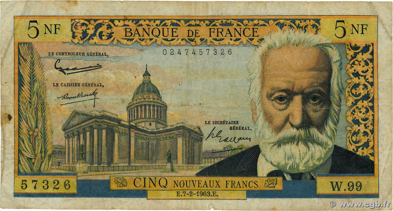 5 Nouveaux Francs VICTOR HUGO FRANKREICH  1963 F.56.13 SGE