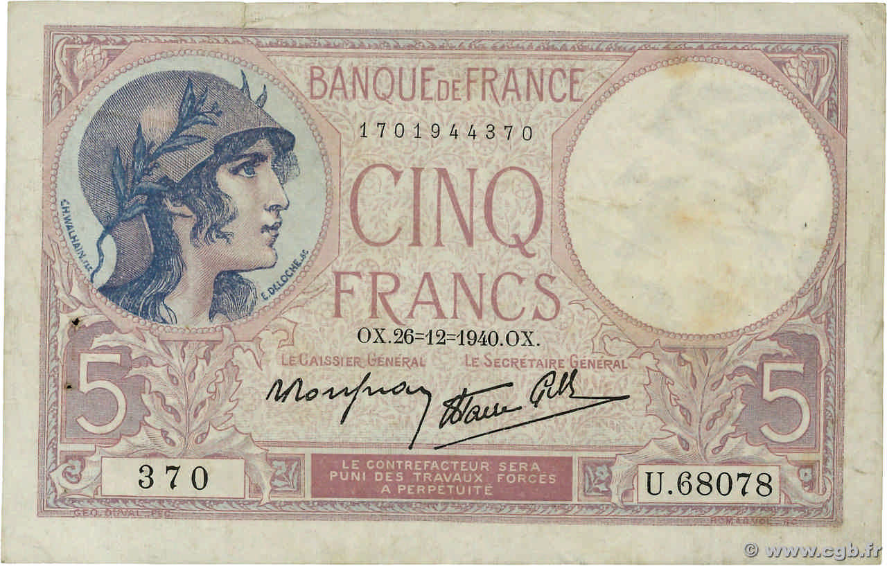 5 Francs FEMME CASQUÉE modifié FRANCE  1940 F.04.18 TB