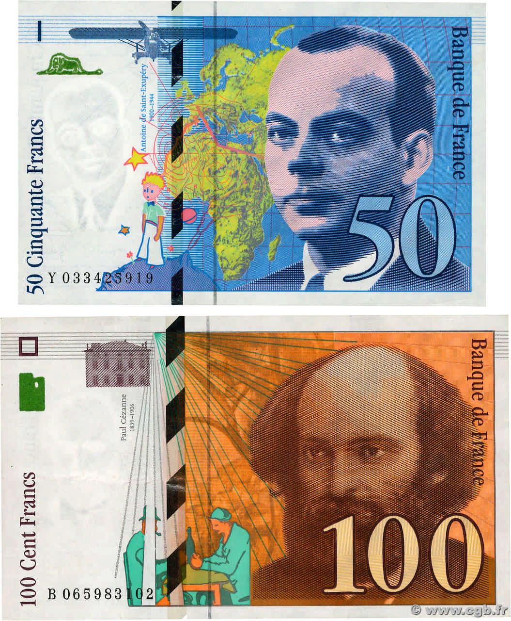 50 Francs SAINT-EXUPÉRY modifié et 100 Francs CÉZANNE Lot FRANCE