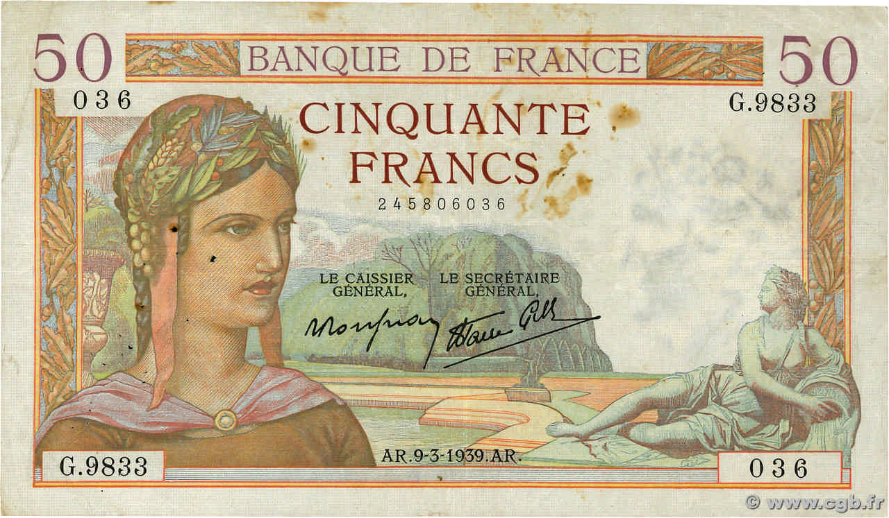 50 Francs CÉRÈS modifié FRANCE  1939 F.18.23 TB