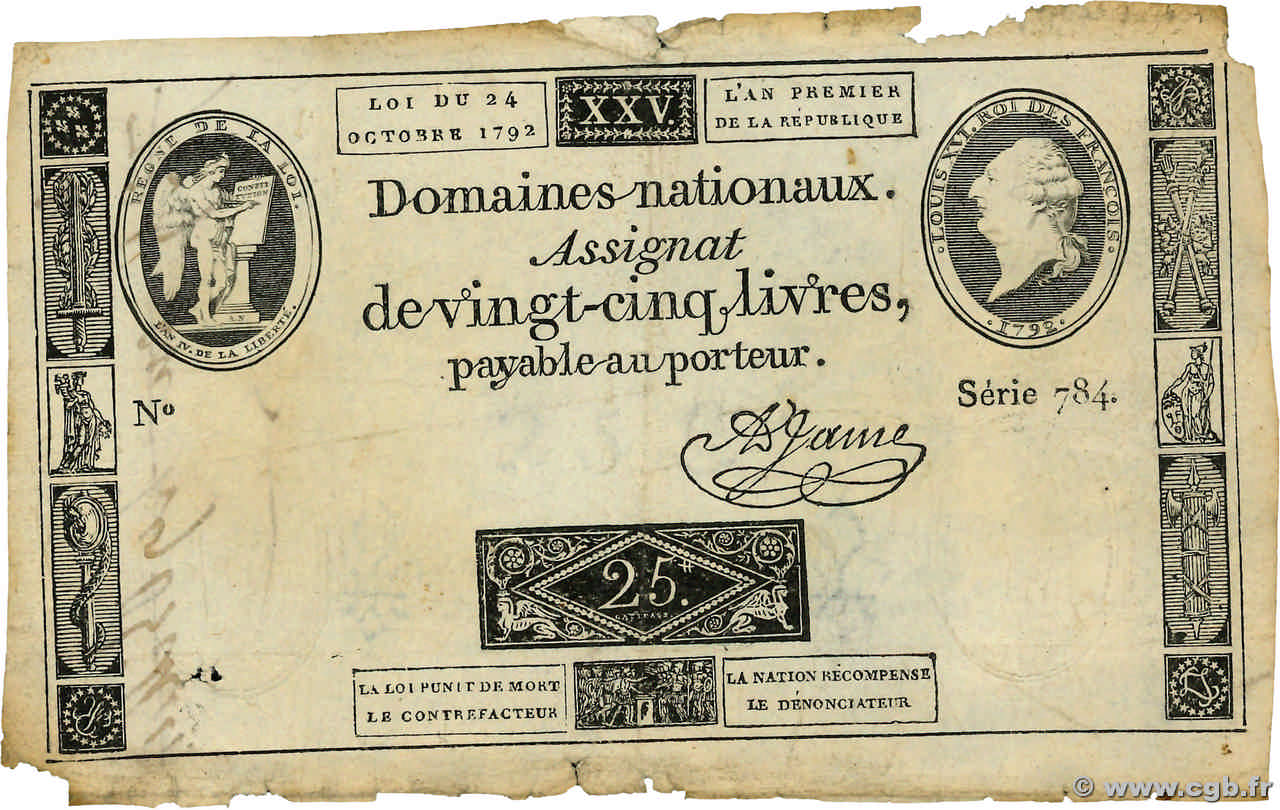 25 Livres FRANCE  1792 Ass.37a B