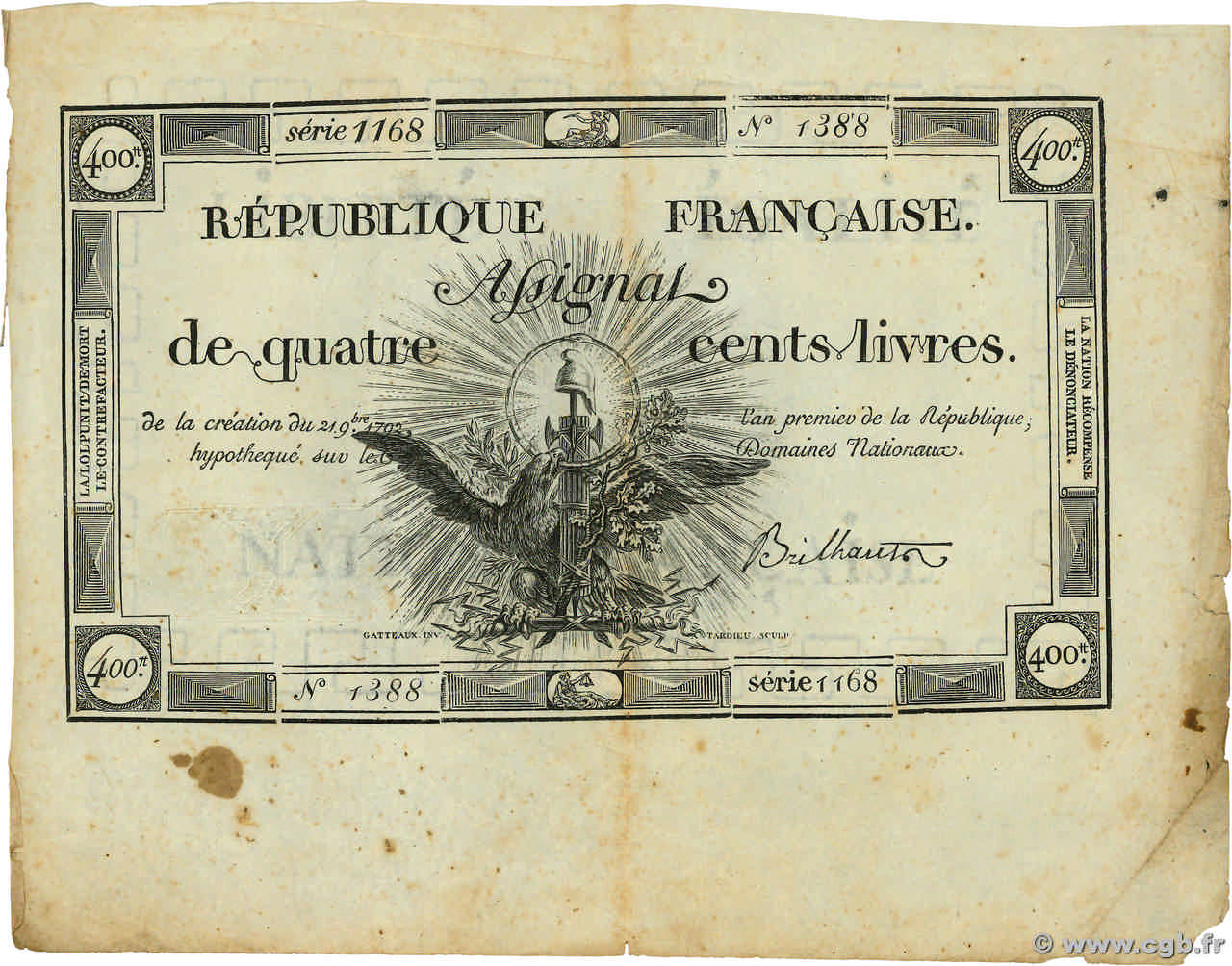 400 Livres FRANCE  1792 Ass.38a TB+