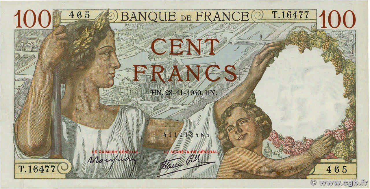 100 Francs SULLY FRANCE  1940 F.26.41 TTB+