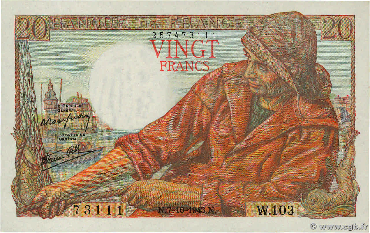 20 Francs PÊCHEUR FRANCE  1943 F.13.07 pr.SPL
