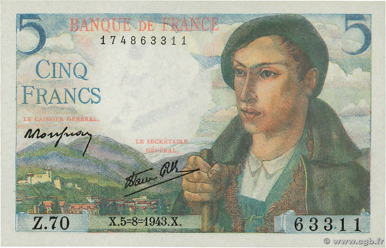 5 Francs BERGER FRANCIA  1943 F.05.03 FDC