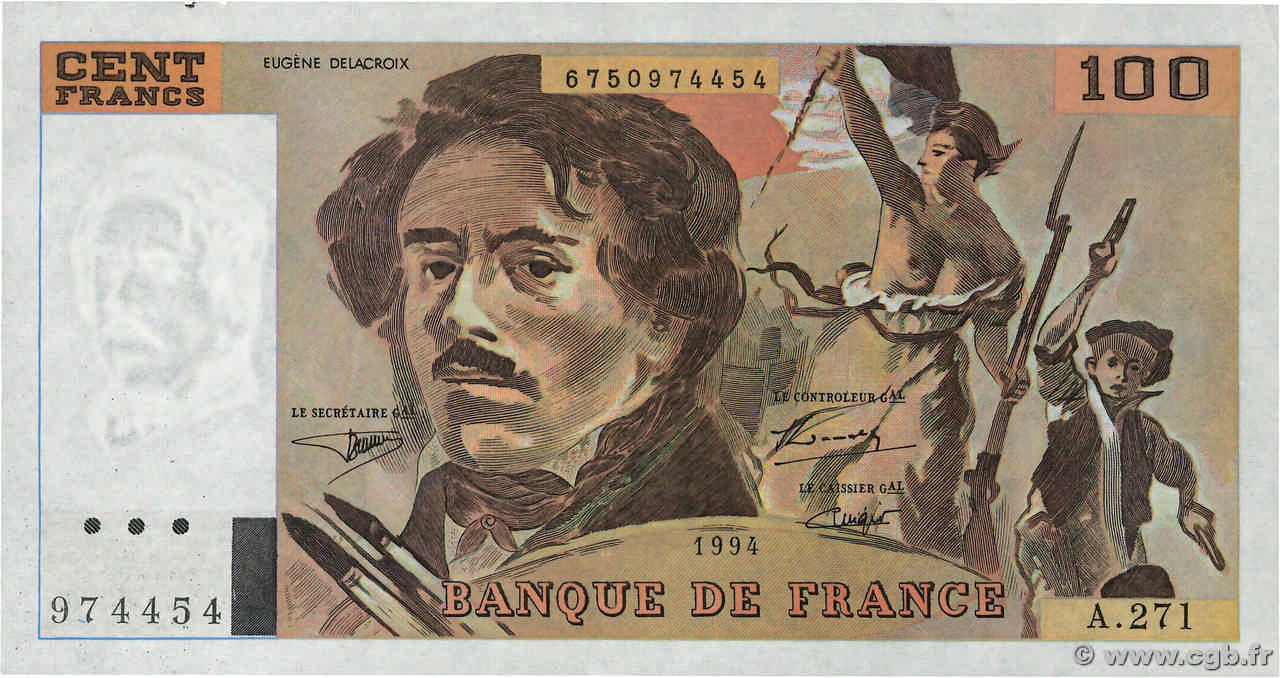 100 Francs DELACROIX 442-1 & 442-2 FRANKREICH  1994 F.69ter.01a fVZ