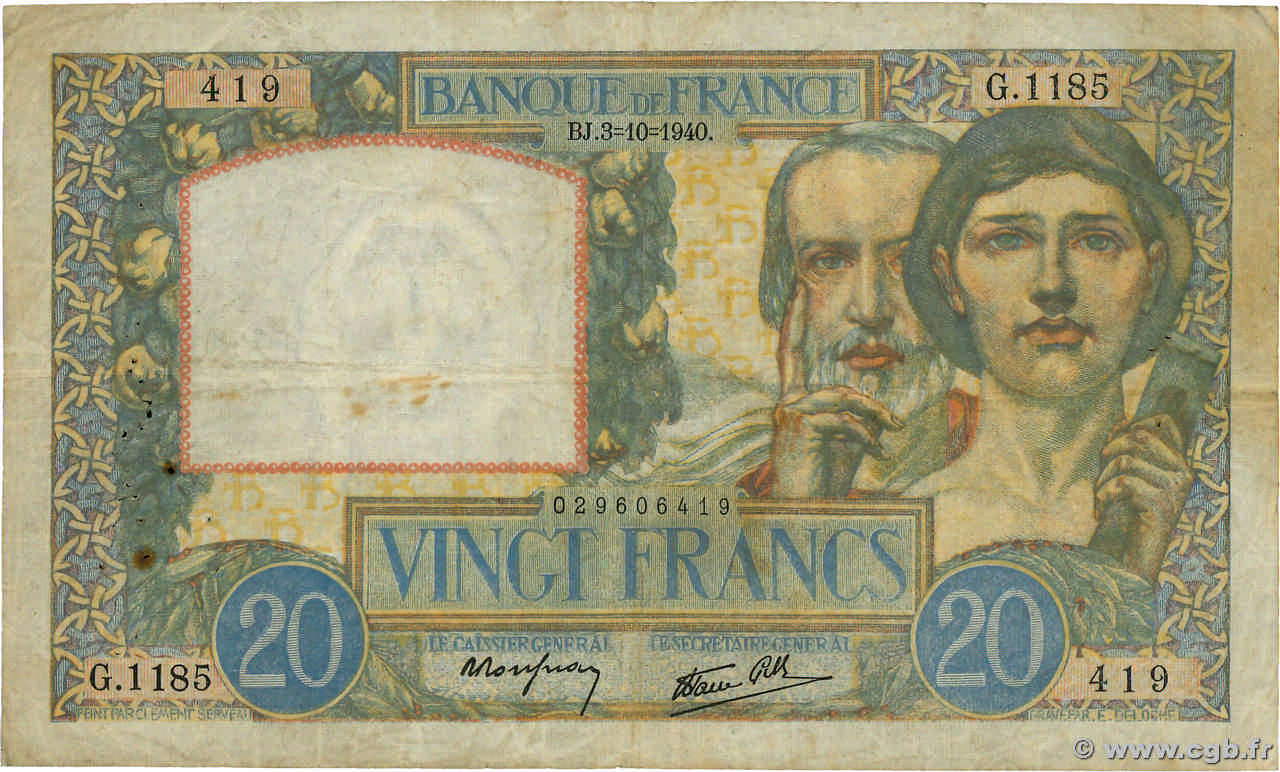 20 Francs TRAVAIL ET SCIENCE FRANCE  1940 F.12.08 TB