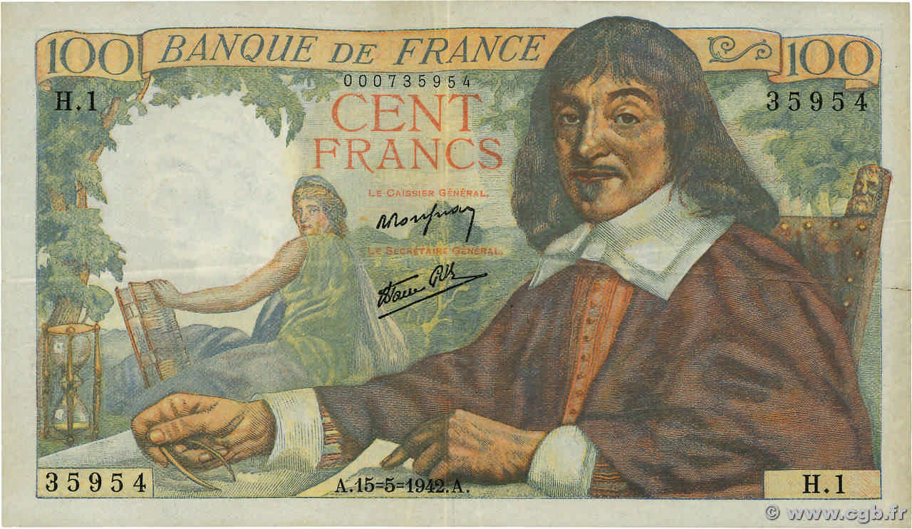 100 Francs DESCARTES FRANCE  1942 F.27.01 pr.TTB