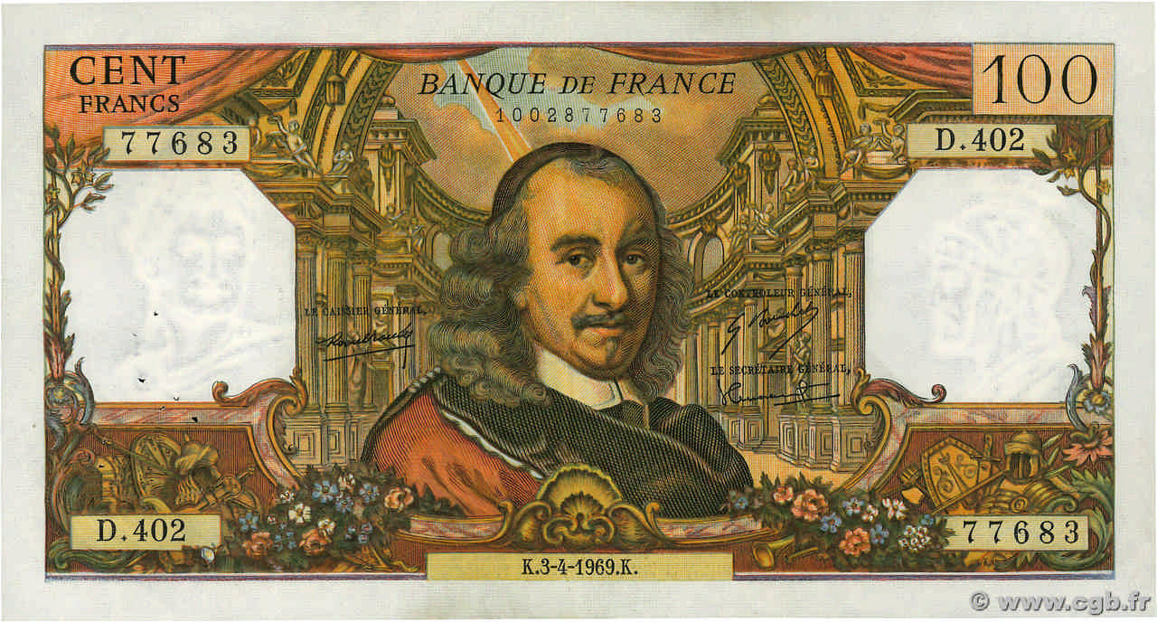 100 Francs CORNEILLE FRANCIA  1969 F.65.26 MBC+
