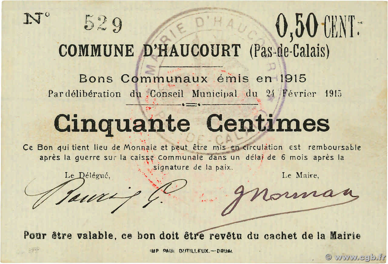 50 Centimes FRANCE régionalisme et divers Haucourt 1915 JP.62-0704 SUP
