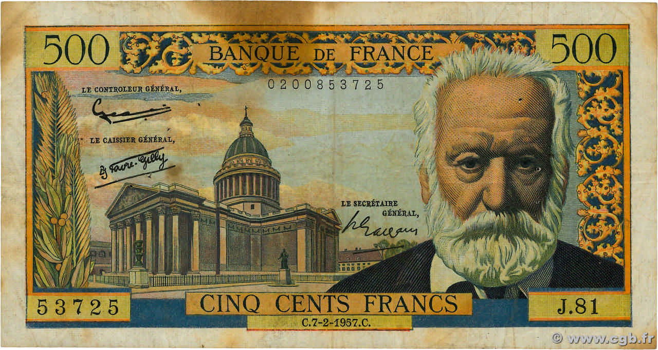 500 Francs VICTOR HUGO FRANCE  1957 F.35.06 B+