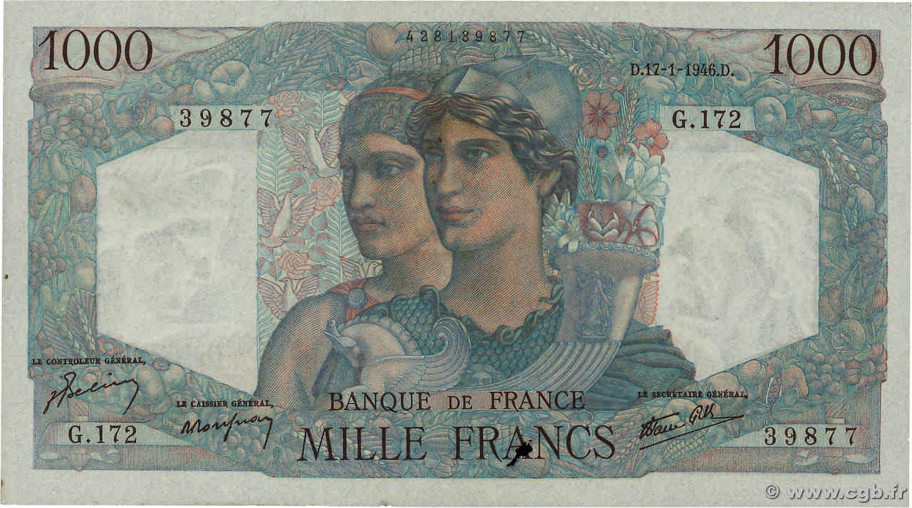 1000 Francs MINERVE ET HERCULE FRANCE  1946 F.41.10 TTB+