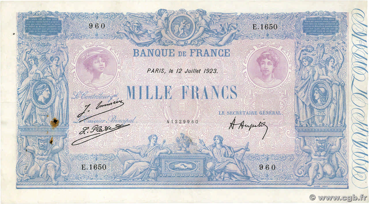 1000 Francs BLEU ET ROSE FRANCE  1923 F.36.39 TB+