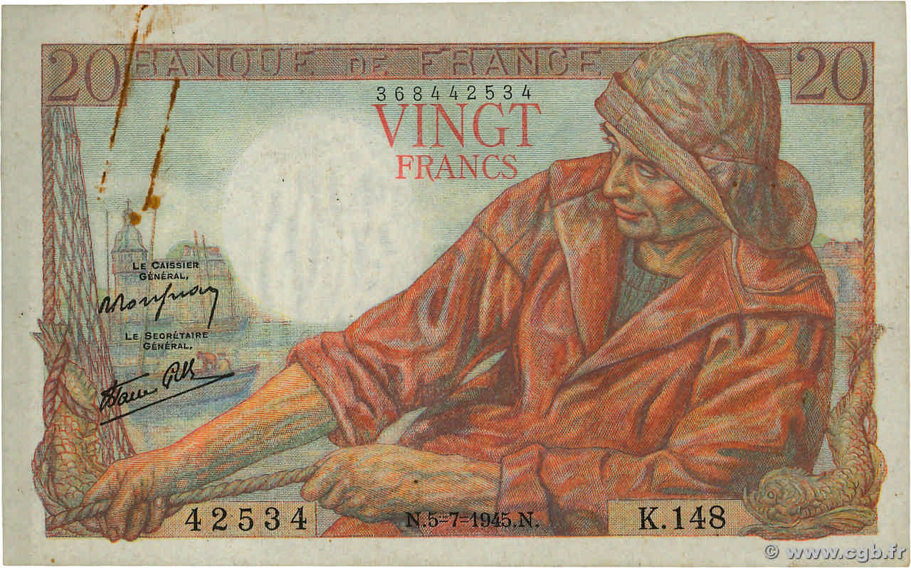 20 Francs PÊCHEUR FRANCE 1945 F.13.10 550482 Billets