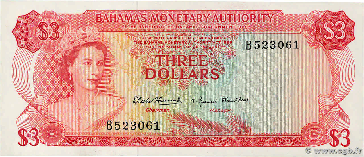 3 Dollars BAHAMAS  1968 P.28a EBC+