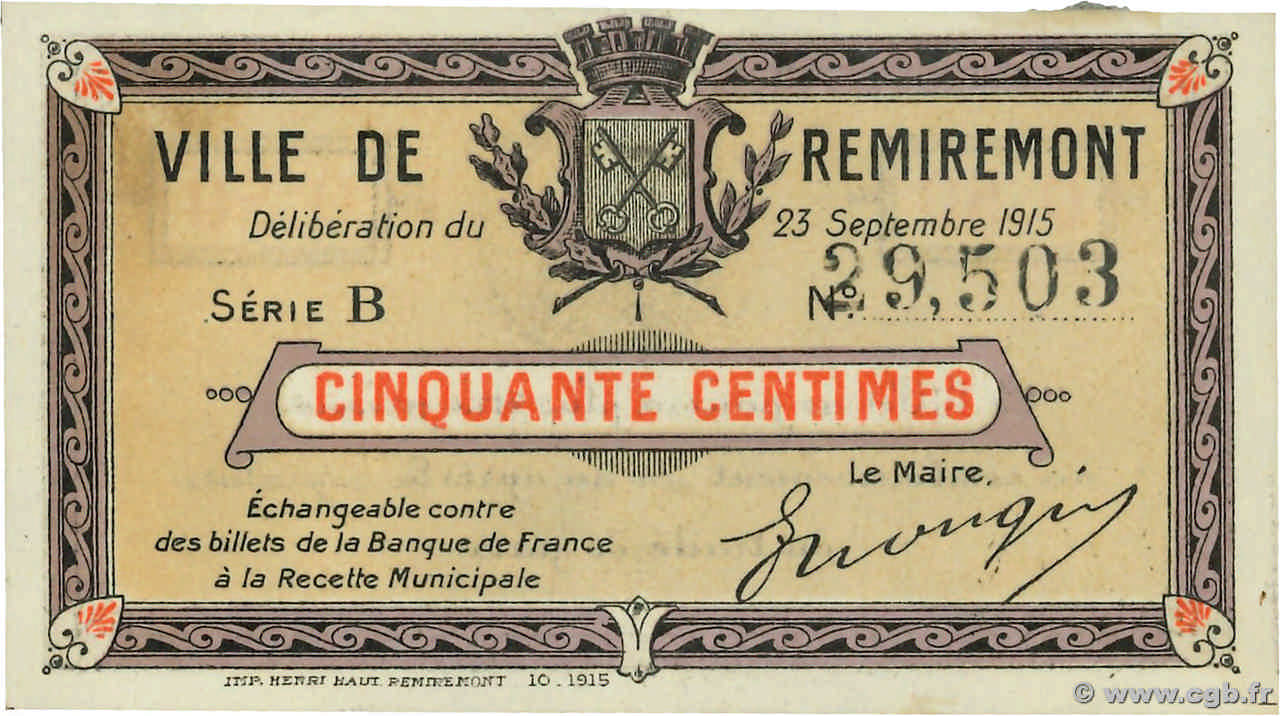 50 Centimes FRANCE regionalism and miscellaneous Remiremont 1915 JP.88-062 UNC