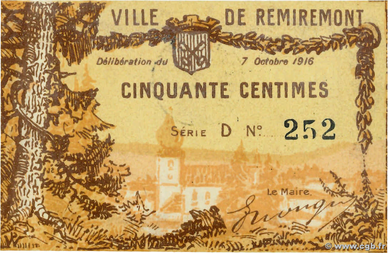 50 Centimes FRANCE regionalism and various Remiremont 1916 JP.88-067 UNC