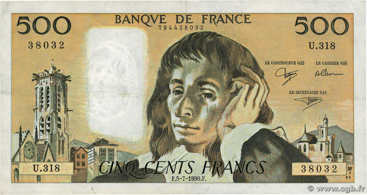 500 Francs PASCAL FRANCE  1990 F.71.44 pr.TTB