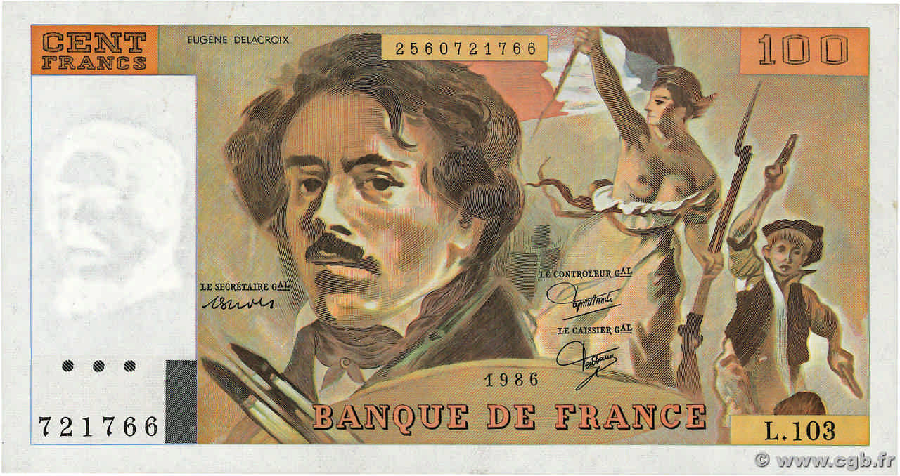 100 Francs DELACROIX modifié FRANCE  1986 F.69.10 SPL+