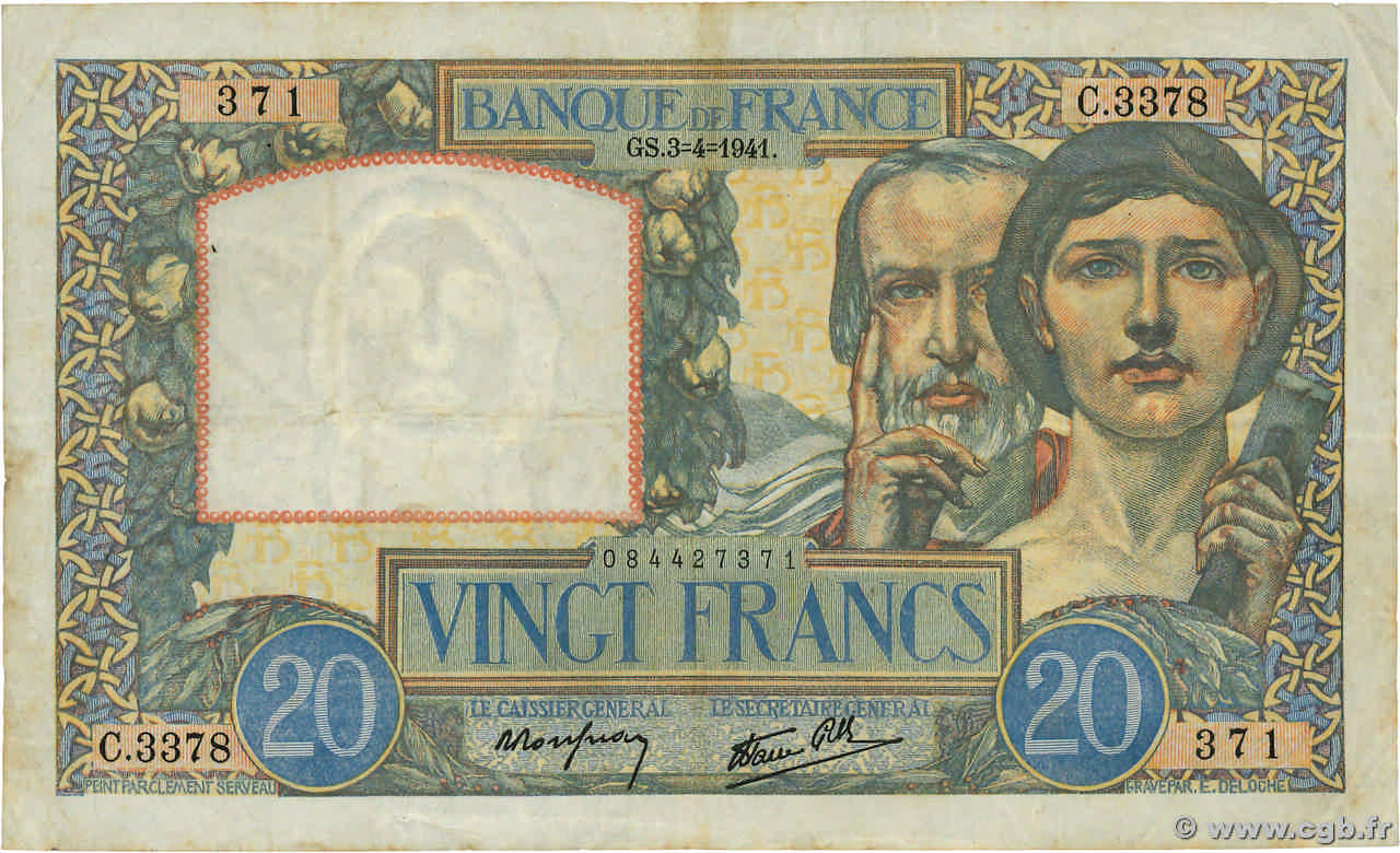20 Francs TRAVAIL ET SCIENCE FRANCE  1941 F.12.13 TB