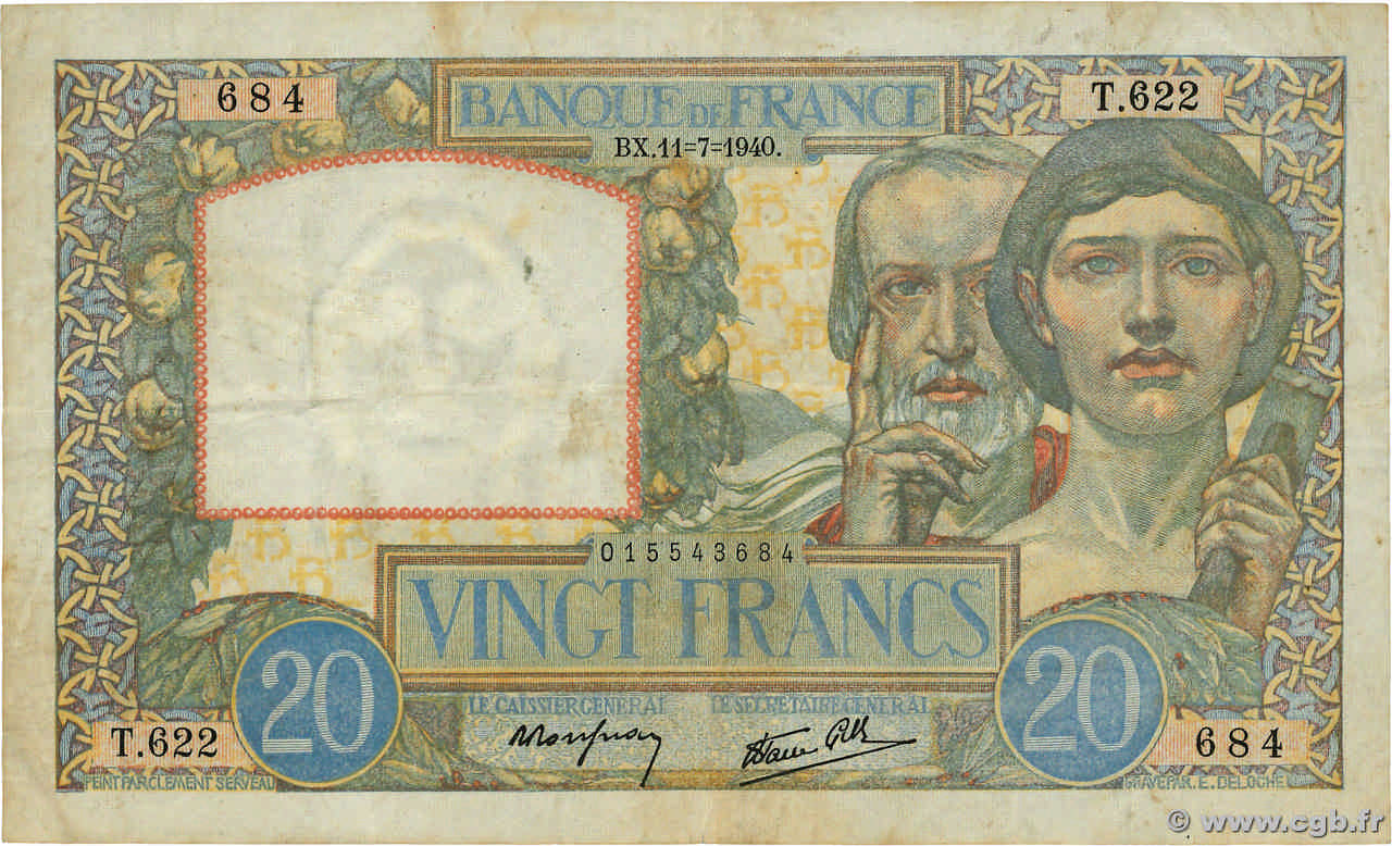 20 Francs TRAVAIL ET SCIENCE FRANCE  1940 F.12.04 TTB