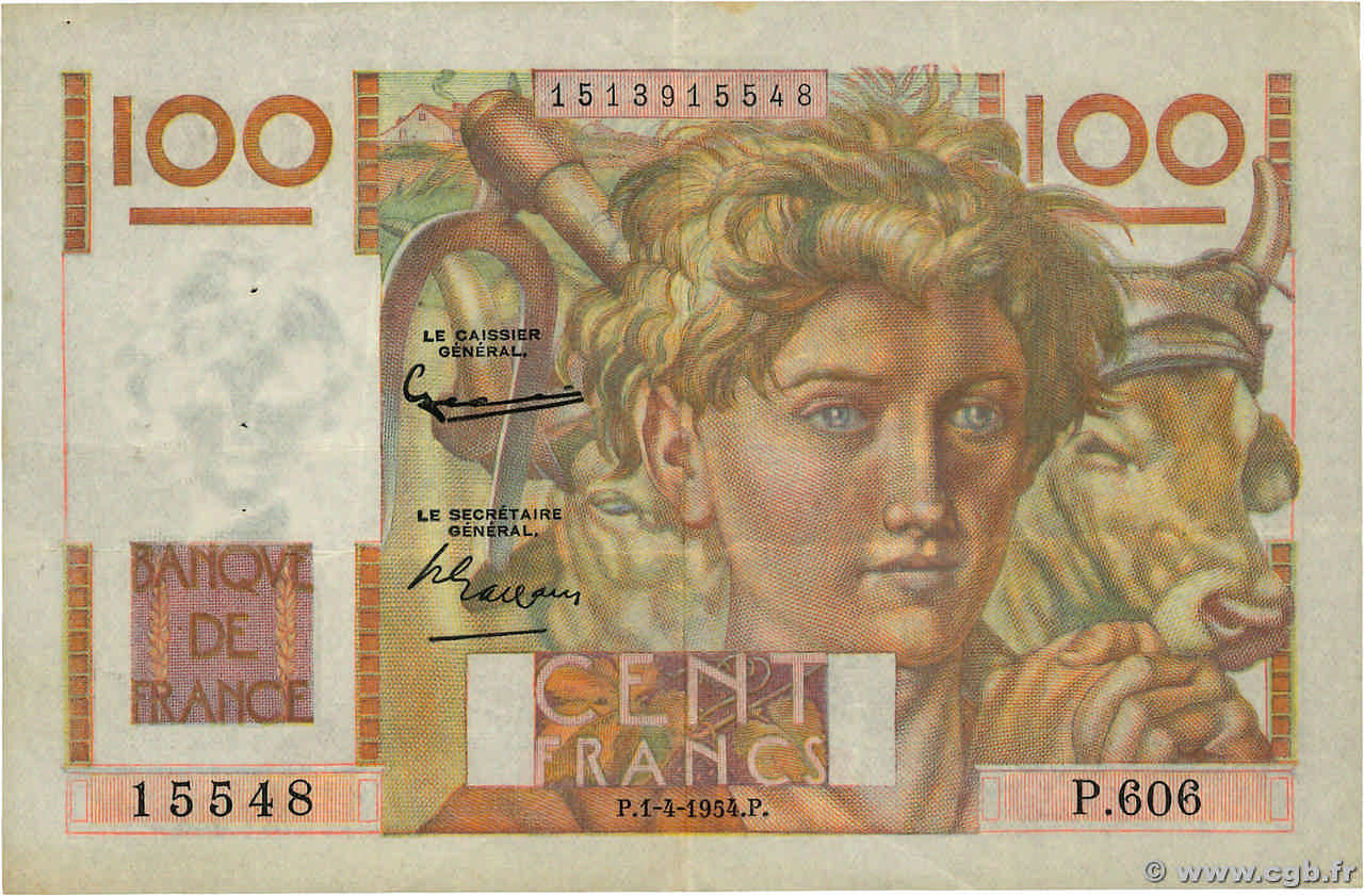 100 Francs JEUNE PAYSAN FRANCE  1954 F.28.43a TTB+